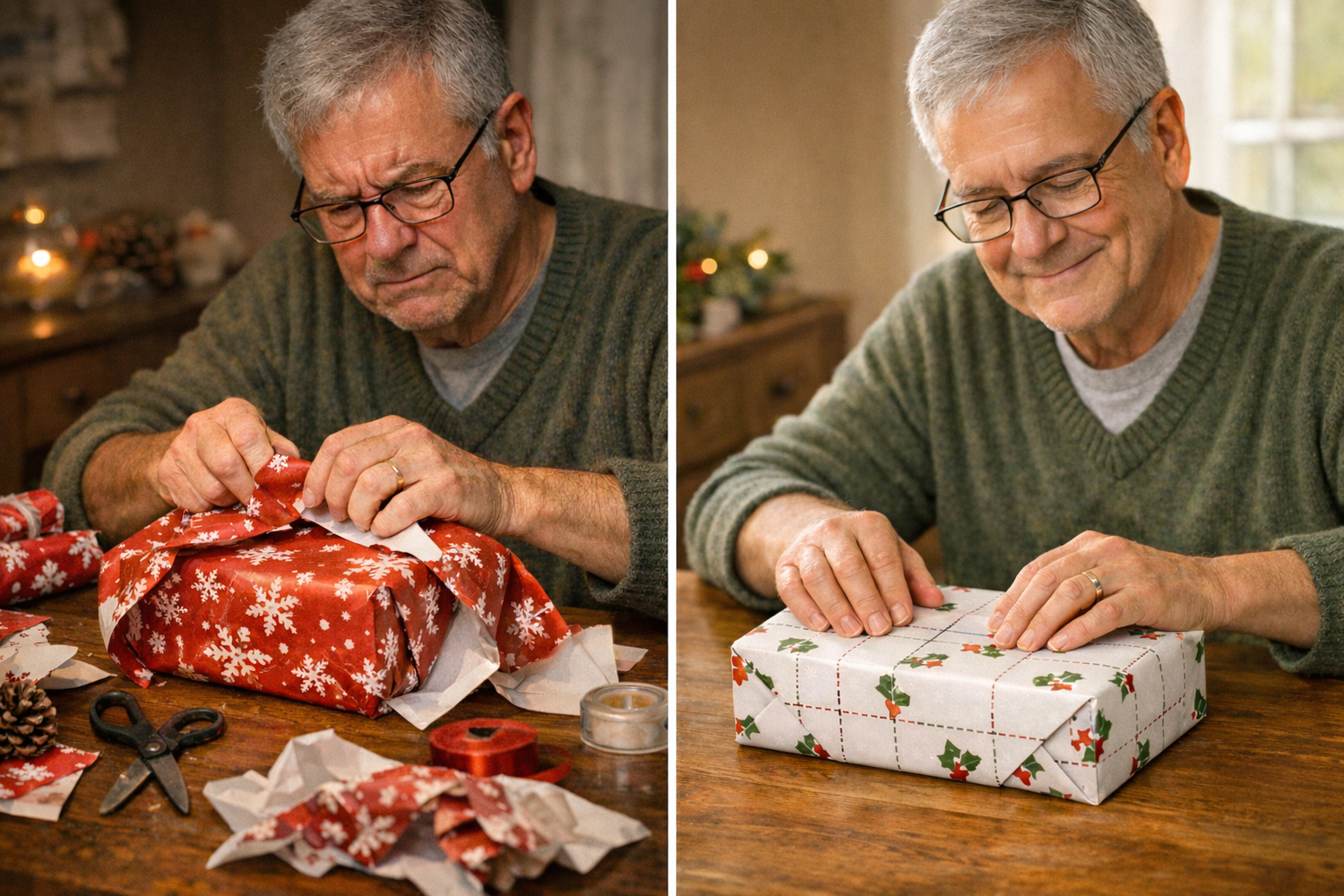 A before and after photo showing the same man wrapping Christmas presents with red and white paper appearing frustrated with scissors, tape and excess paper on left side, and then switching to an EZ Wrapping Kit with white box with green pattern appearing happy on right side.