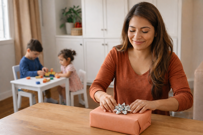 Woman who is a mother wrapping a gift with children playing in the background