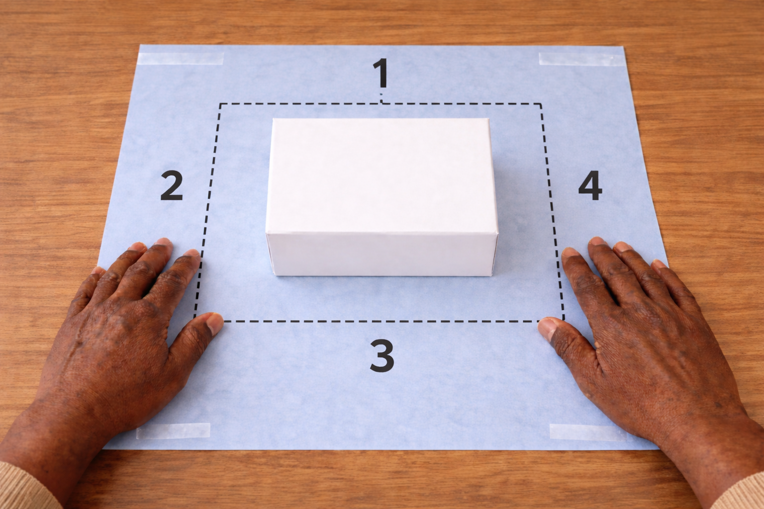 White gift box on a labeled grid wrapping paper with hands indicating numbered sections on a wooden surface