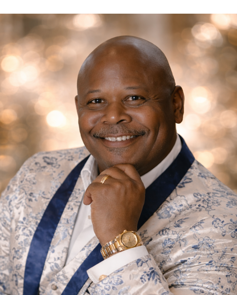 Founder of EZ-Wrapping, Ernest Baldwin wearing a patterned shirt with a blue tie and gold watch, sitting against a blurred background.