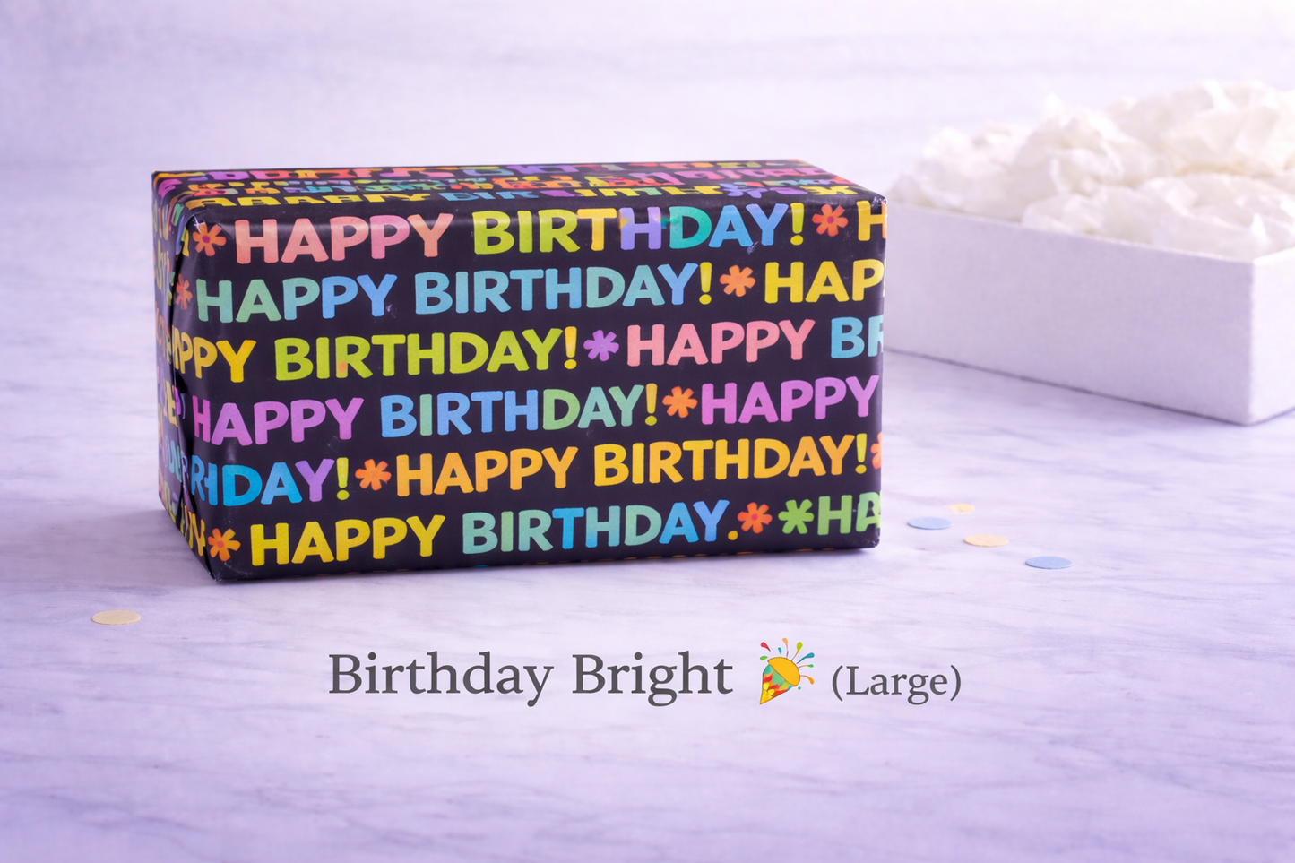 large Colorful 'Happy Birthday!' ribbon on a white background with 'Birthday Bright' branding.