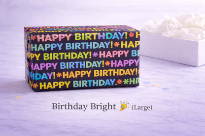 large Colorful 'Happy Birthday!' ribbon on a white background with 'Birthday Bright' branding.