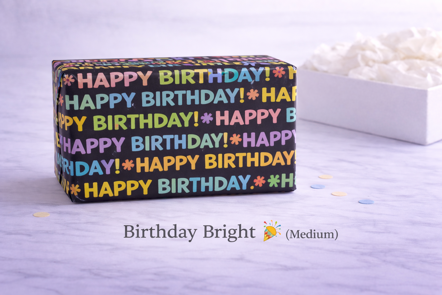 medium Rectangular box with 'Happy Birthday!' text in various colors on a light background