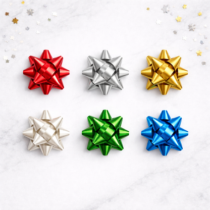 Six colorful gift bows in red, silver, gold, green, blue, and white on a light gray background.