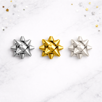 Three decorative bows, two silver and one gold, on a white background with star confetti.