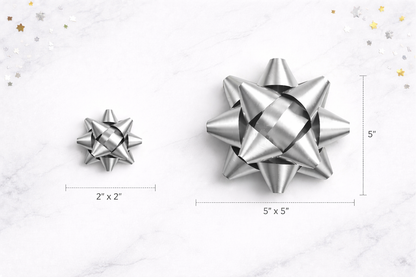 Two silver gift bows with measurements on a light gray background