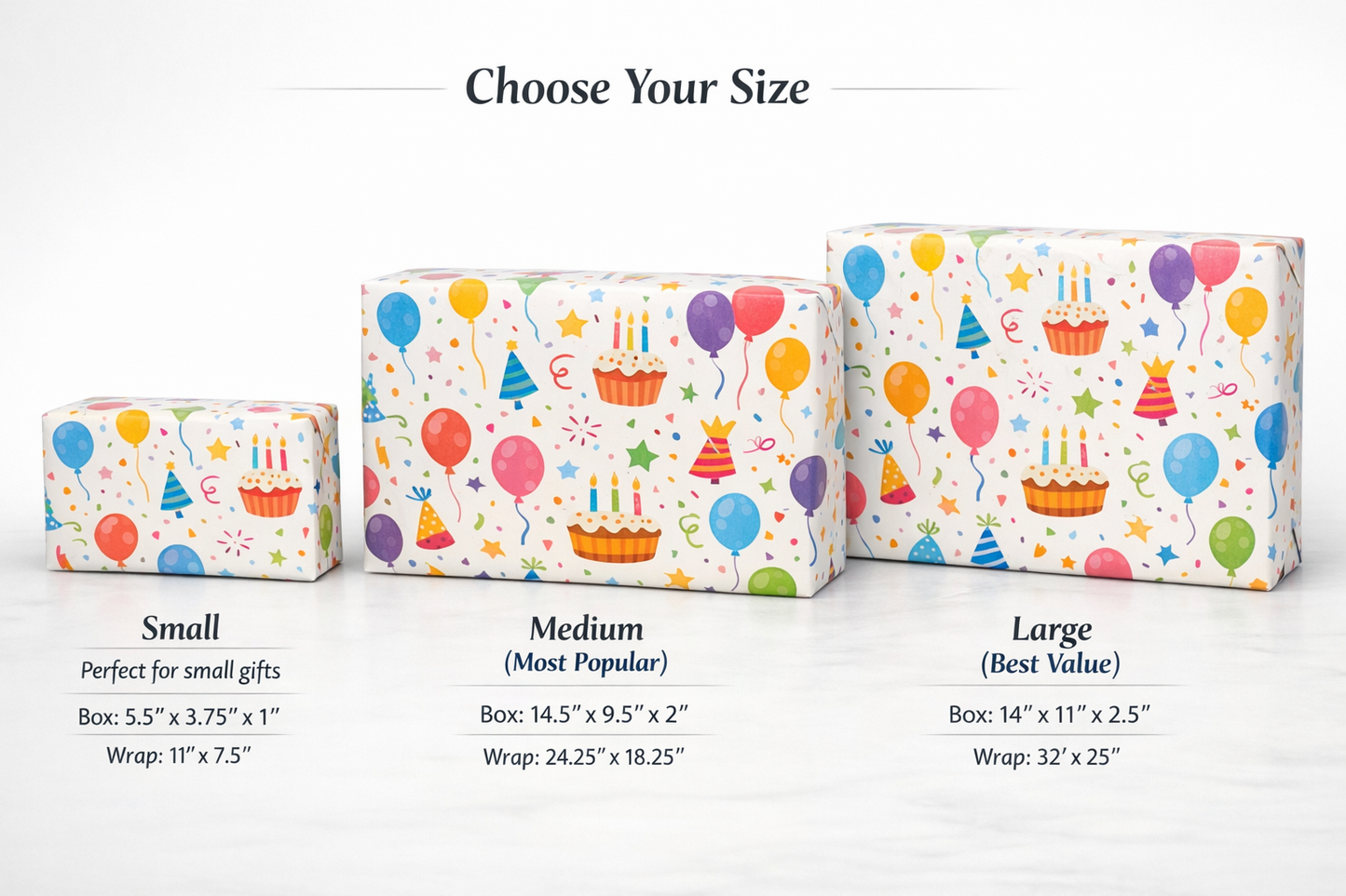 Three sizes of colorful gift wrap boxes with birthday-themed design on a white background.