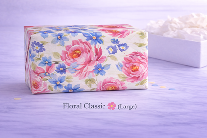 Floral-patterned box on a light purple background