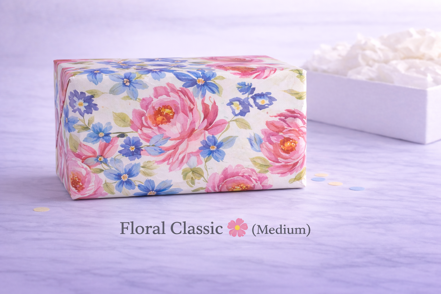 Floral-patterned soap bar on a light purple background