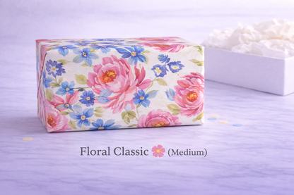 Floral-patterned soap bar on a light purple background