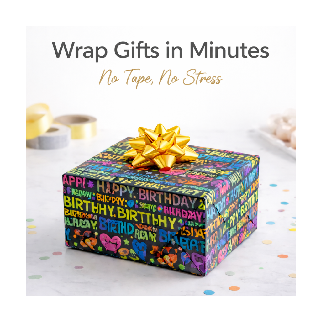 Gift box with colorful wrapping paper and gold bow on a white surface with confetti, text 'Wrap Gifts in Minutes No Tape, No Stress'.