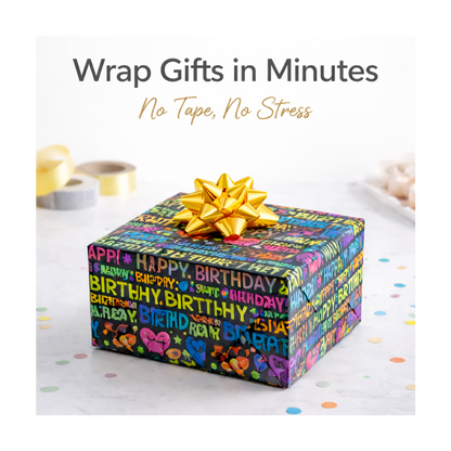 Gift box with colorful wrapping paper and gold bow on a white surface with confetti, text 'Wrap Gifts in Minutes No Tape, No Stress'.