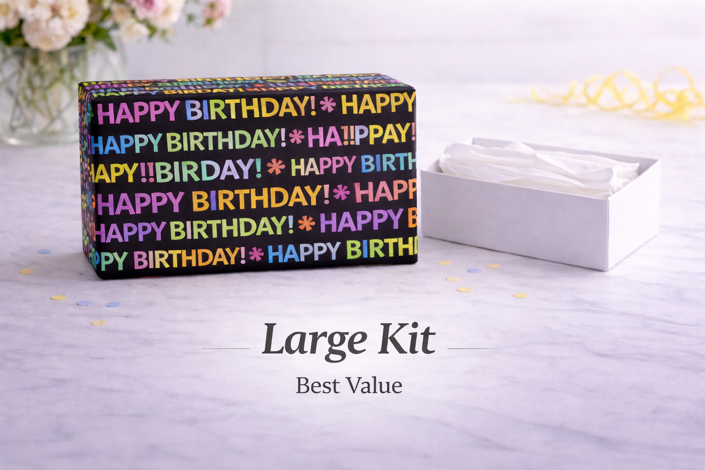Large birthday gift kit with colorful text on a light background