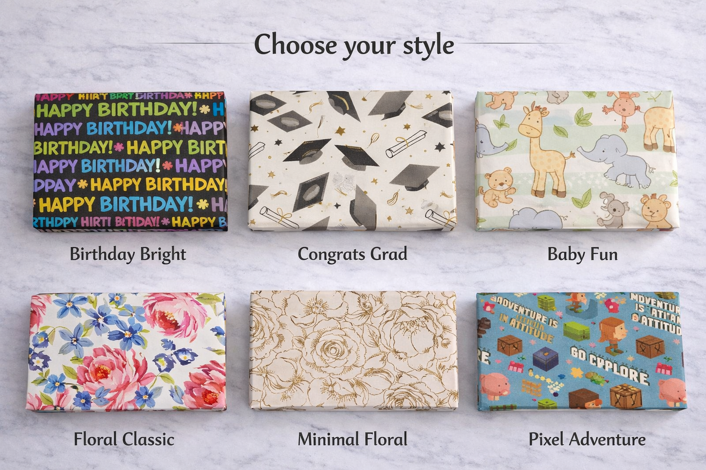 Collection of various gift wrap designs on a light gray background
