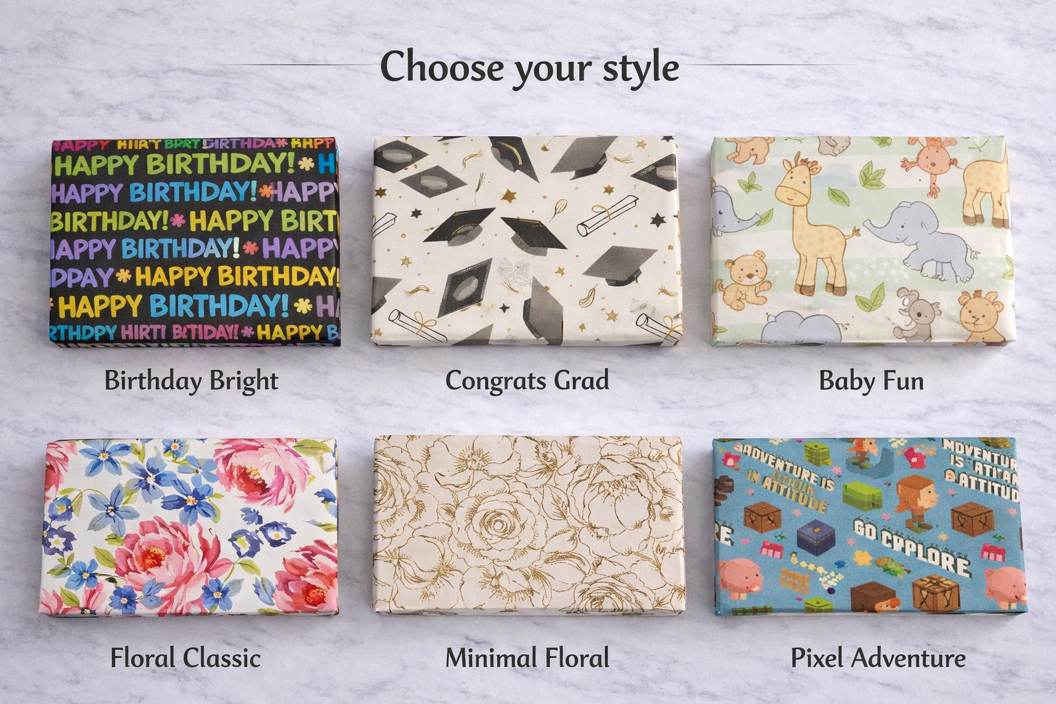 Collection of various gift wrap designs on a light gray background