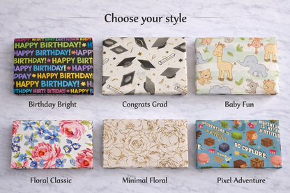 Collection of various gift wrap designs on a light gray background