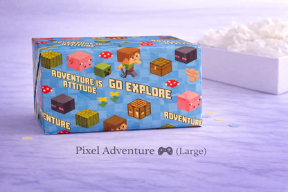 Pixel-themed product packaging with text 'Adventure is Attitude, Go Explore' on a light purple background. Large.