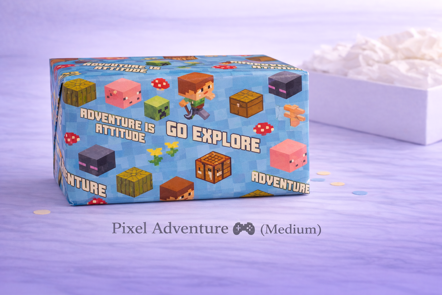 Pixel-themed product packaging with text 'Adventure is Attitude, Go Explore' on a light purple background. Medium.