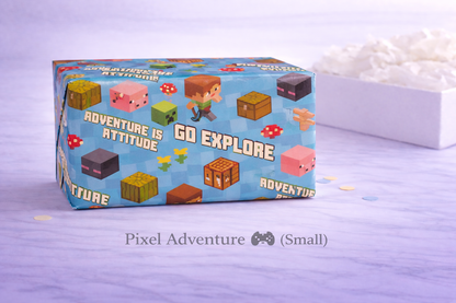 Pixel-themed product packaging with text 'Adventure is Attitude, Go Explore' on a light purple background. Small.