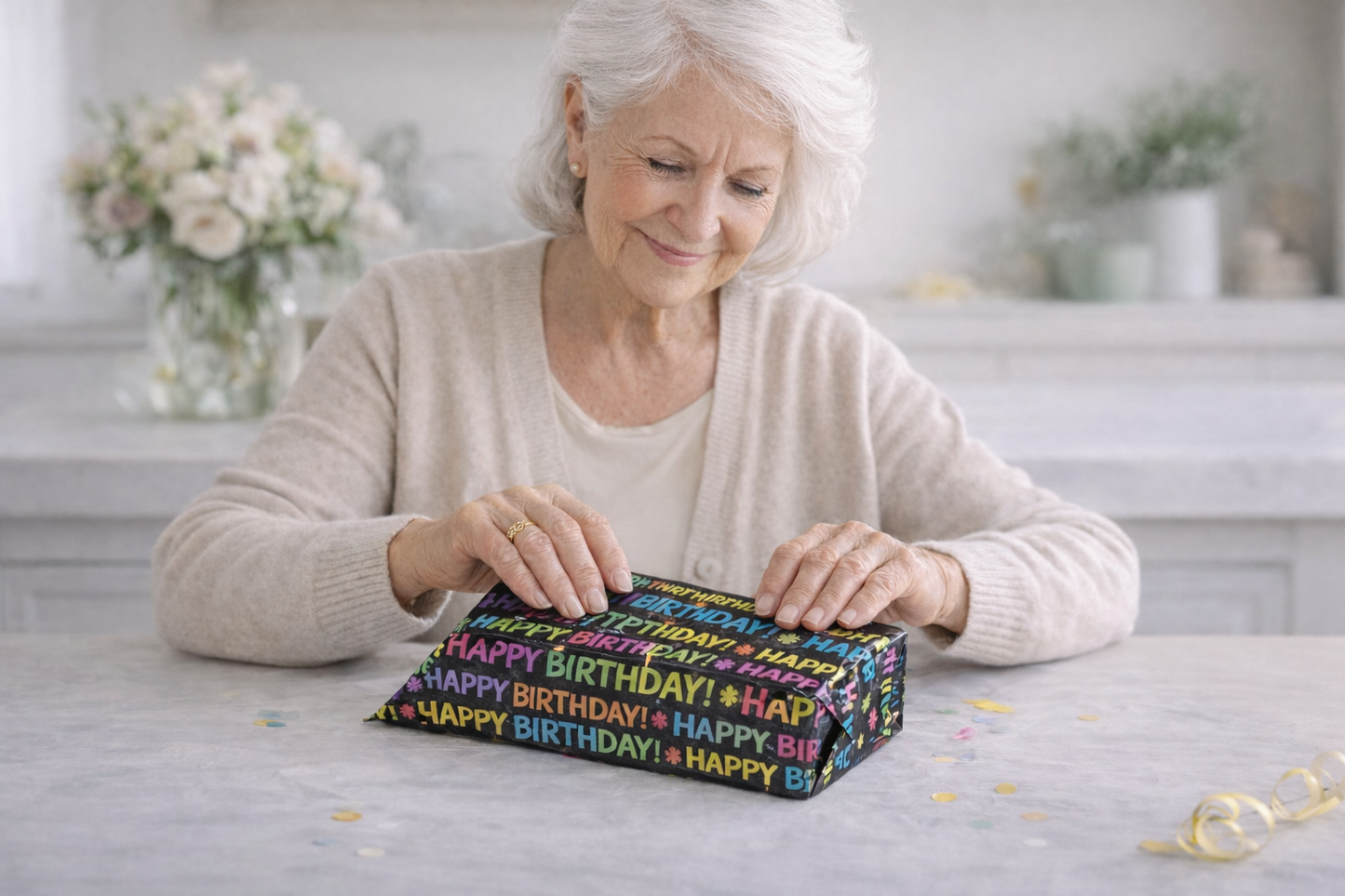Woman opening a gift box with 'Happy Birthday' wrapping paper.