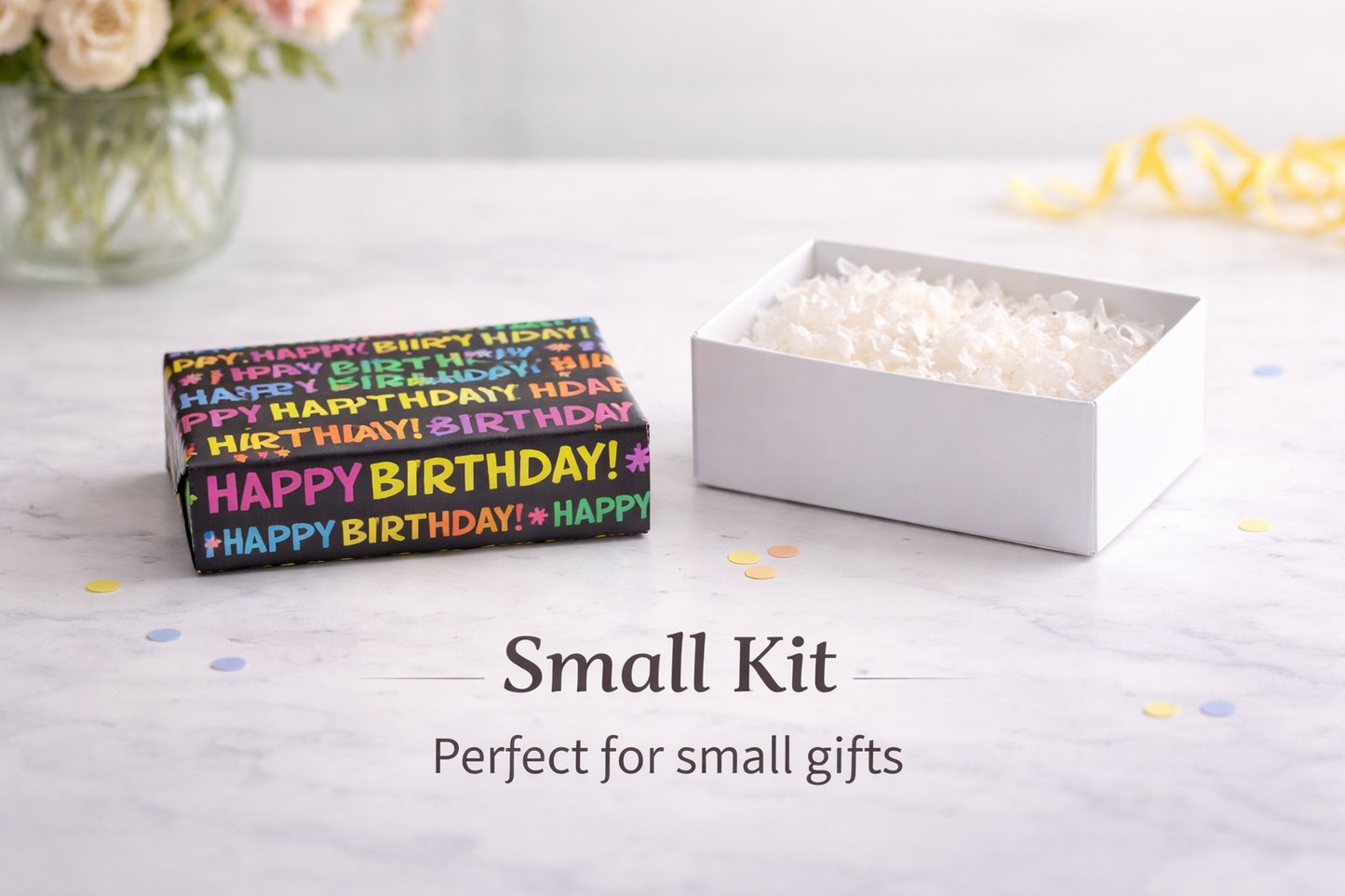 Small gift kit with 'Happy Birthday!' text on a light surface.