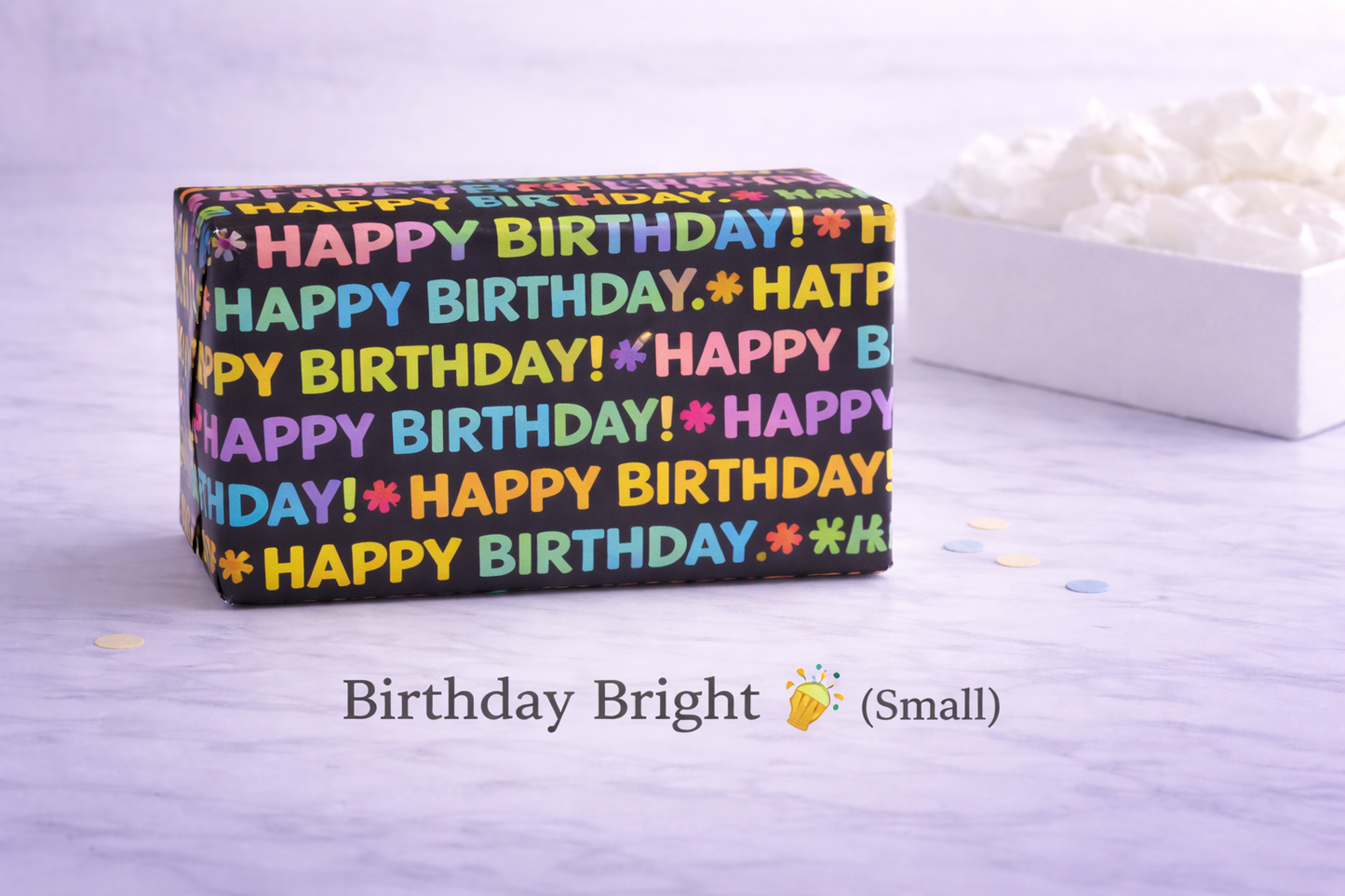 small Box with 'Happy Birthday!' text in various colors on a light purple background