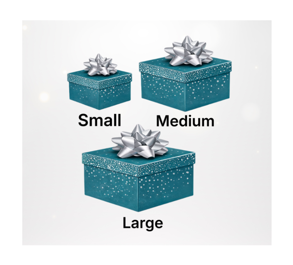 Three teal gift boxes with silver bows labeled 'Small', 'Medium', and 'Large' on a white background that indicates available EZ Wrapping kit sizes