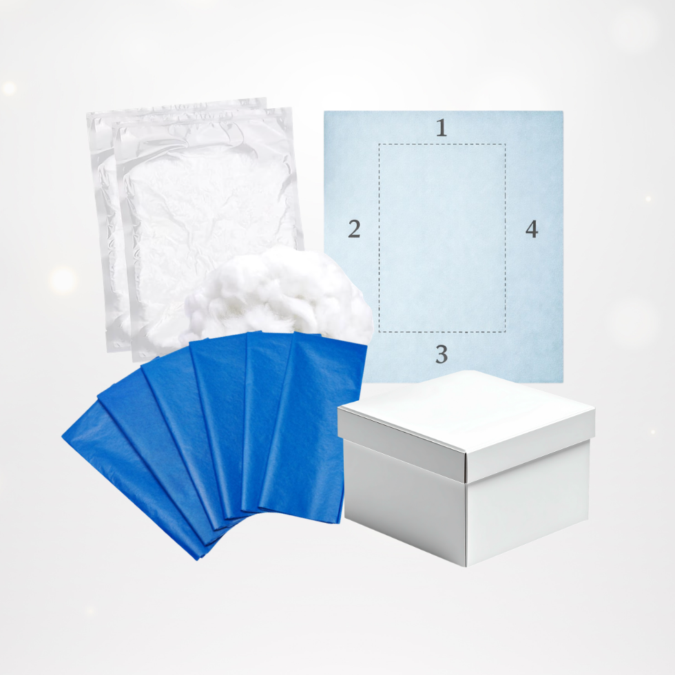 Collection of EZ Wrapping kit supplies including gift box, pre-cut wrapping paper, tissue paper or cotton packing