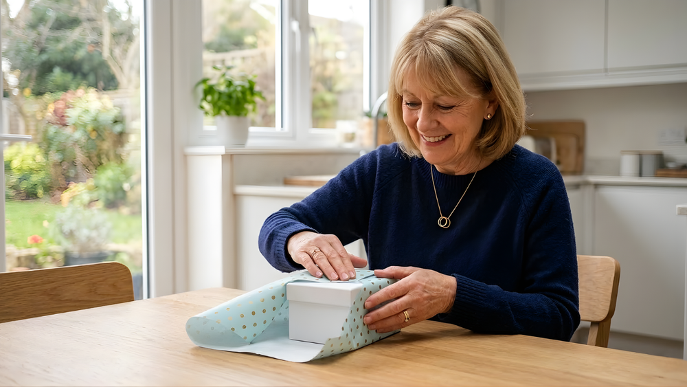 Woman in a kitchen setting, wrapping a box on a table with EZ Wrapping paper kit.