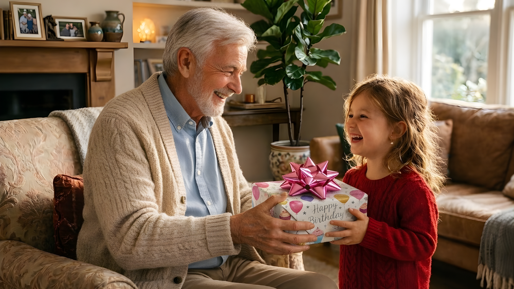 Senior man gifting young girl with a birthday gift wrapped in EZ Wrapping Kit birthday themed paper and pink star bow gift  in a cozy living room.