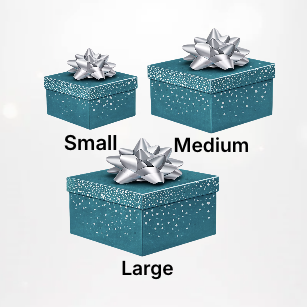 Three turquoise gift boxes with silver bows labeled 'Small', 'Medium', and 'Large' on a white background.