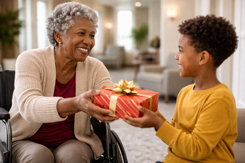 Elderly woman in a wheelchair giving a  red and gold wrapped gift to a child at a personal care home.