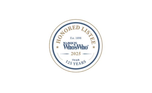 Round badge with 'Honored Listee' text and 'Marquis Who's Who' branding on a white background